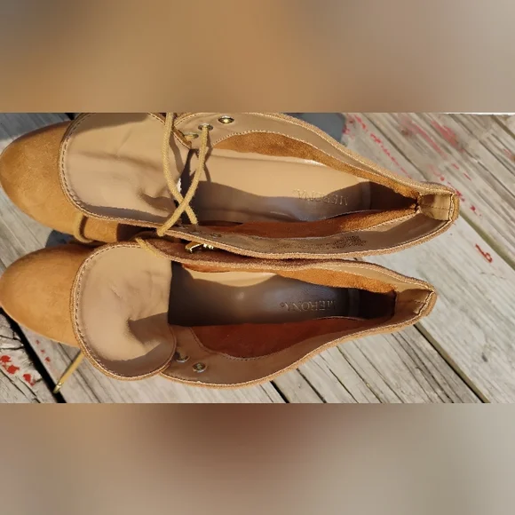 Wedge MERONA Ankle Boots Women's Sz 9 Lace Up 3.5" Heels Tan Faux Leather - Picture 5 of 14